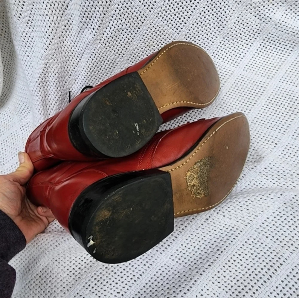 Laredo Red Leather Kiltie Ankle Boots Womens Size 6.5 Lace Up Western Retro Stat - Picture 9 of 16